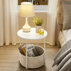 Parya Home Bijzettafel, ronde bijzettafel met stoffen mand
