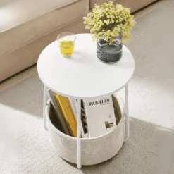 Parya Home Bijzettafel, ronde bijzettafel met stoffen mand