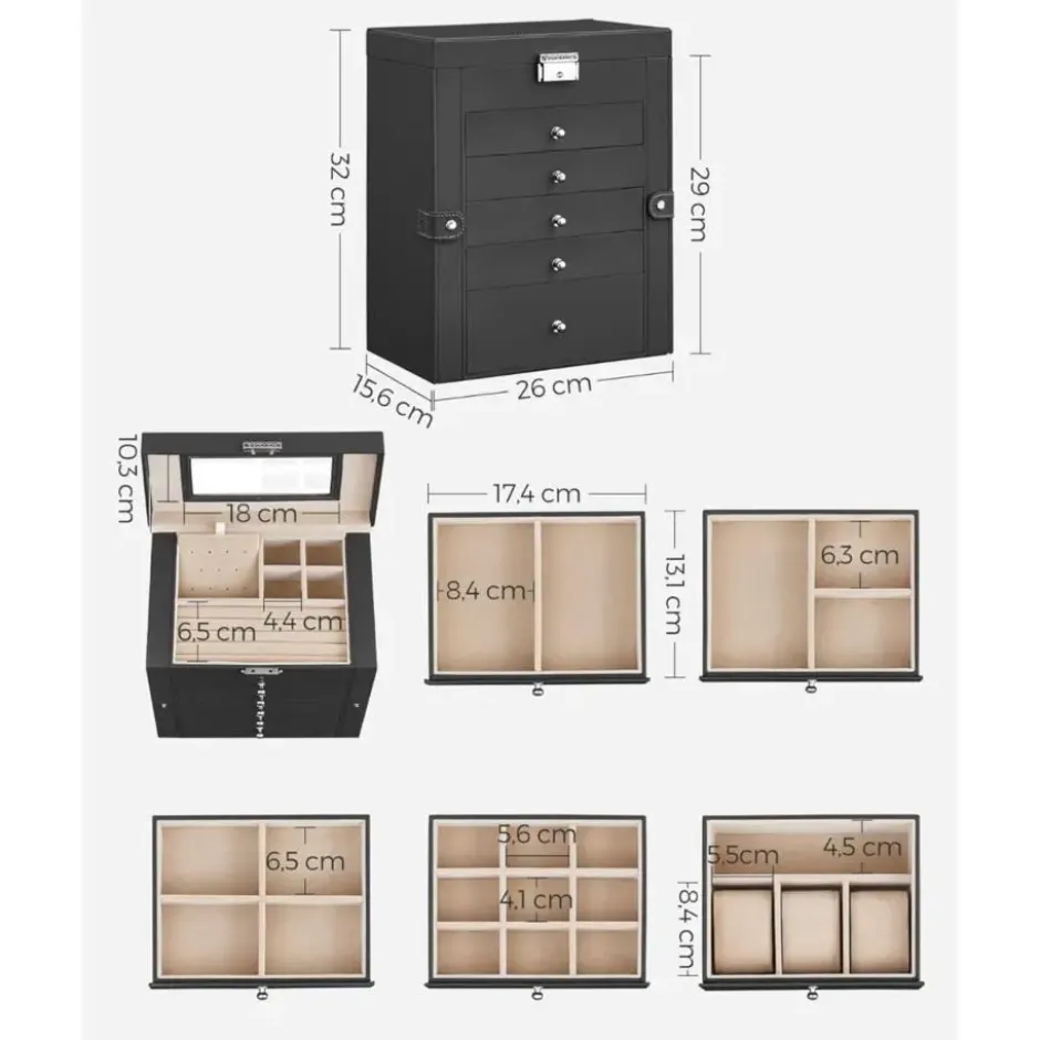 Parya Home sieradendoos – 6 niv, zijkleppen, spiegel, slot, zwart