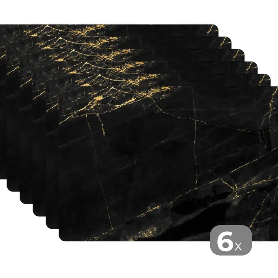 Placemat 6 stuks 45x30 cm Marmer look - Luxe - Zwart - Goud