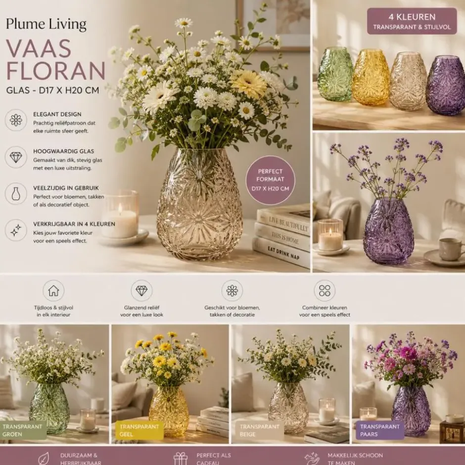 Plume Living Vaas Floran - transparant groen - D17 x H20 cm