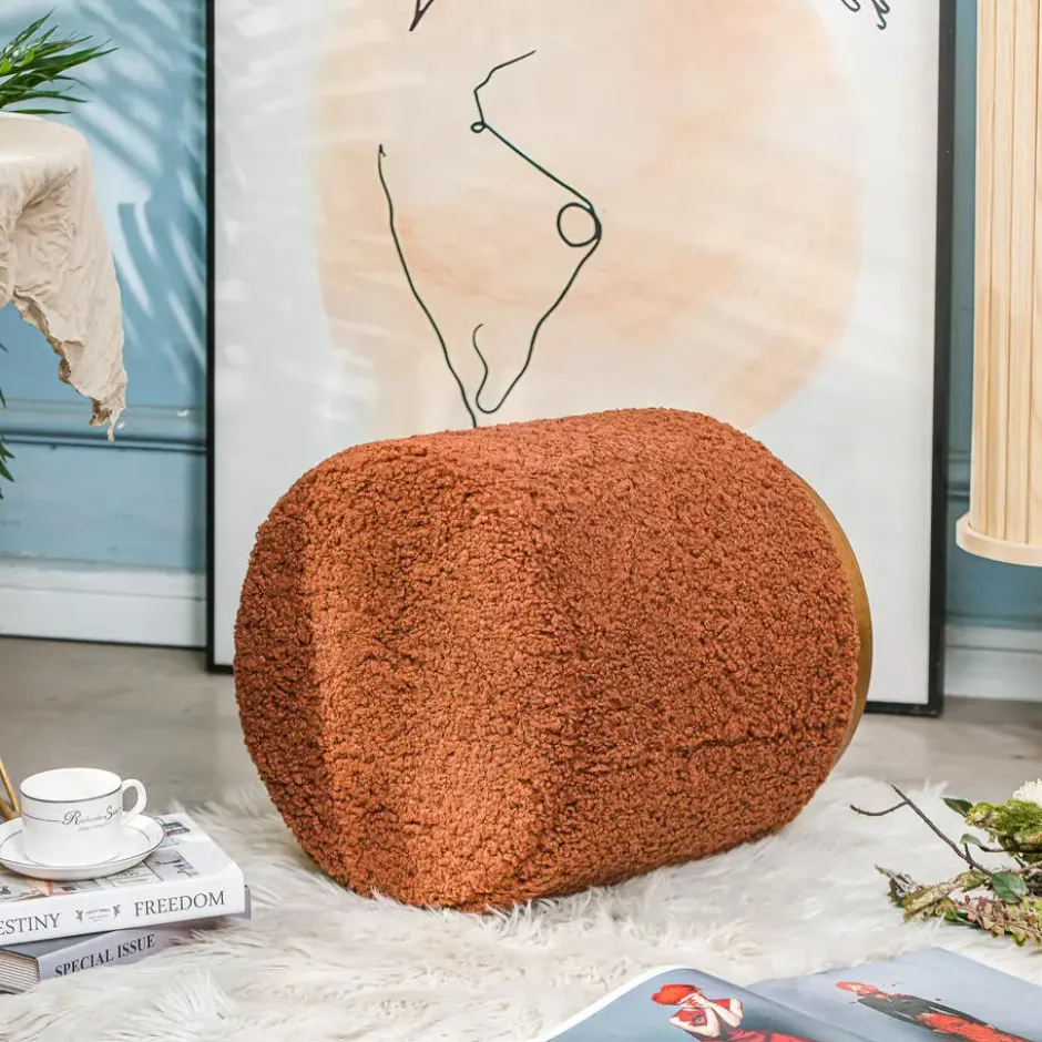 Poef met terracotta krullen en houten basis