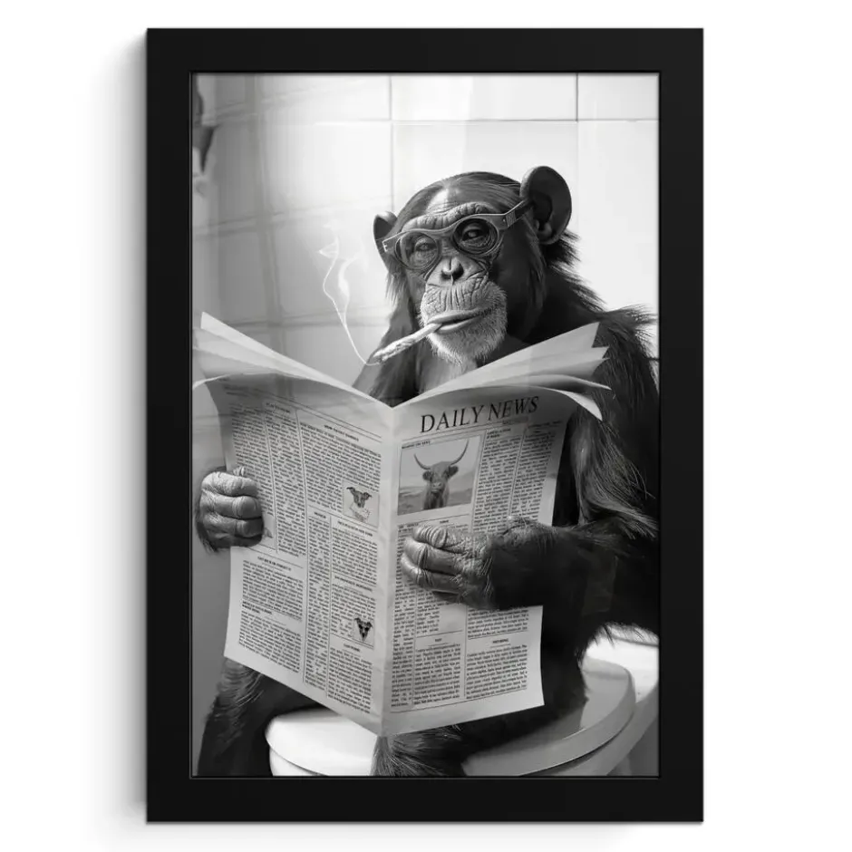 Poster met lijst 20x30 cm Aap - WC - Krant - Zwart wit - Humor