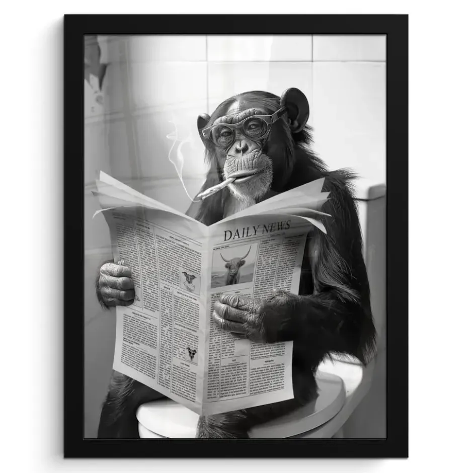 Poster met lijst 30x40 cm Aap - WC - Krant - Zwart wit - Humor