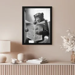 Poster met lijst 30x40 cm Aap - WC - Krant - Zwart wit - Humor