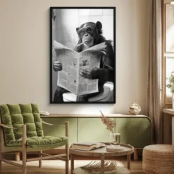 Poster met lijst 80x120 cm Aap - WC - Krant - Zwart wit - Humor
