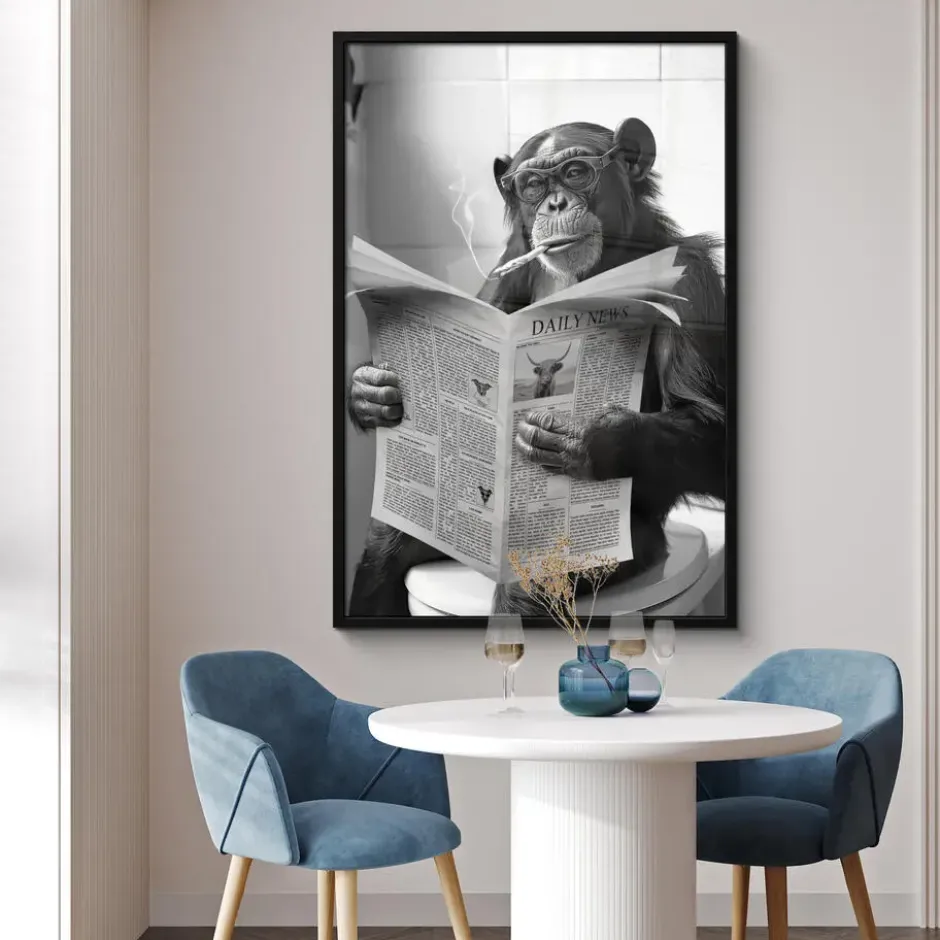 Poster met lijst 80x120 cm Aap - WC - Krant - Zwart wit - Humor