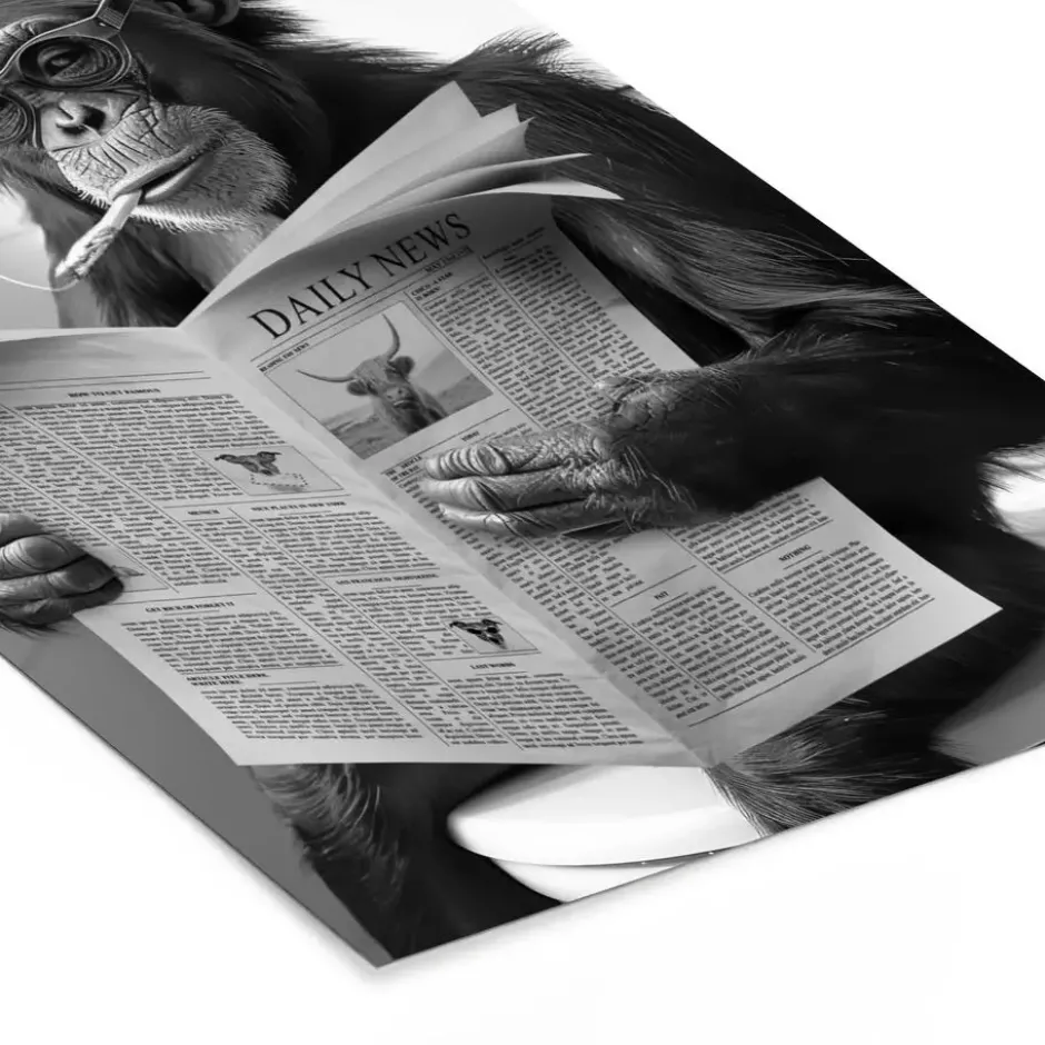 Poster met lijst 80x120 cm Aap - WC - Krant - Zwart wit - Humor