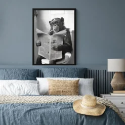Poster met lijst 60x80 cm Aap - WC - Krant - Zwart wit - Humor