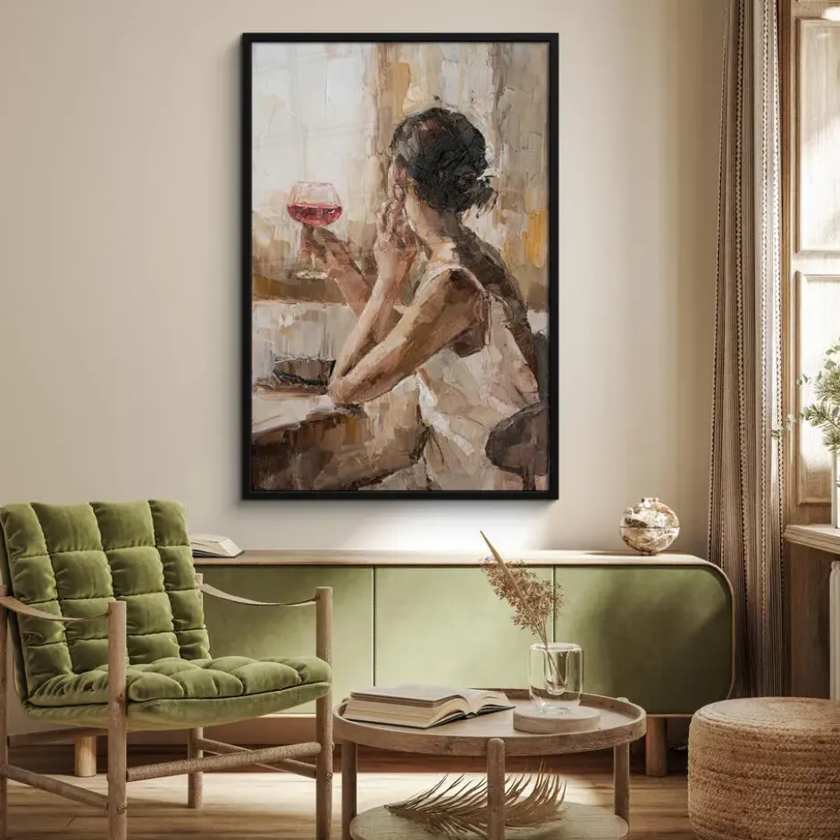 Poster met lijst 80x120 cm Olieverf - Vrouw - Wijn