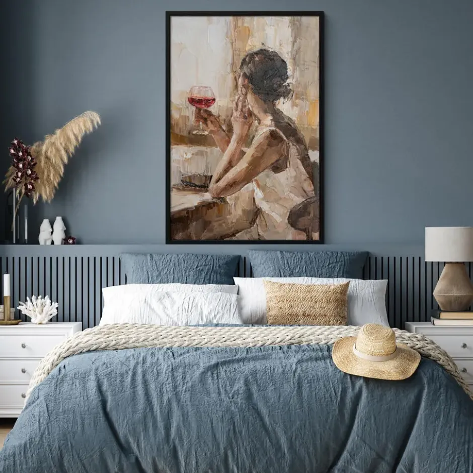 Poster met lijst 80x120 cm Olieverf - Vrouw - Wijn