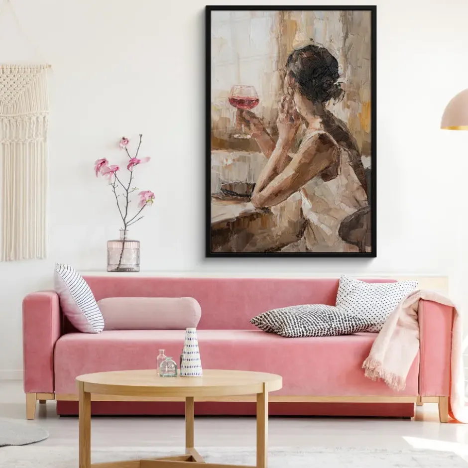 Poster met lijst 80x120 cm Olieverf - Vrouw - Wijn