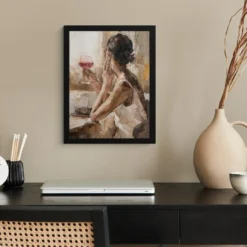Poster met lijst 30x40 cm Olieverf - Vrouw - Wijn