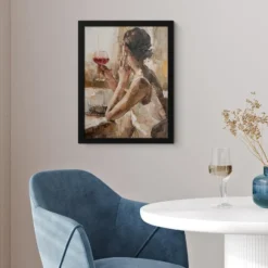 Poster met lijst 30x40 cm Olieverf - Vrouw - Wijn