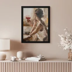 Poster met lijst 30x40 cm Olieverf - Vrouw - Wijn