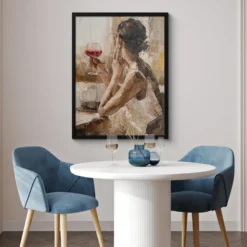 Poster met lijst 60x80 cm Olieverf - Vrouw - Wijn