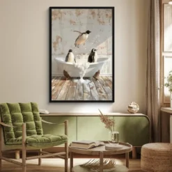 Poster met lijst 80x120 cm Vintage - Pinguïn - Badkuip - Schuim