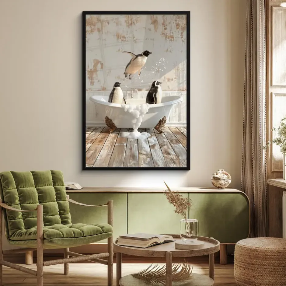 Poster met lijst 80x120 cm Vintage - Pinguïn - Badkuip - Schuim
