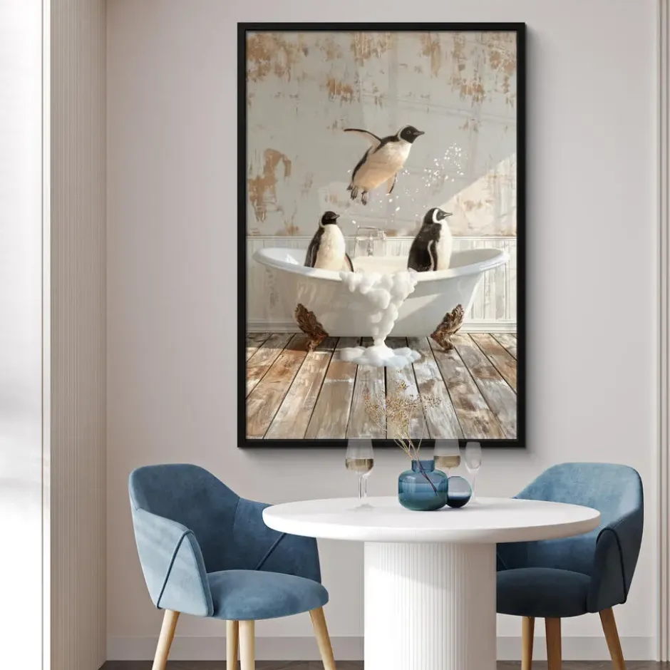 Poster met lijst 80x120 cm Vintage - Pinguïn - Badkuip - Schuim