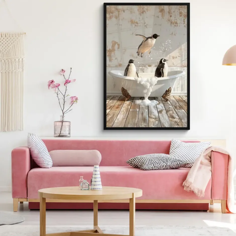 Poster met lijst 80x120 cm Vintage - Pinguïn - Badkuip - Schuim