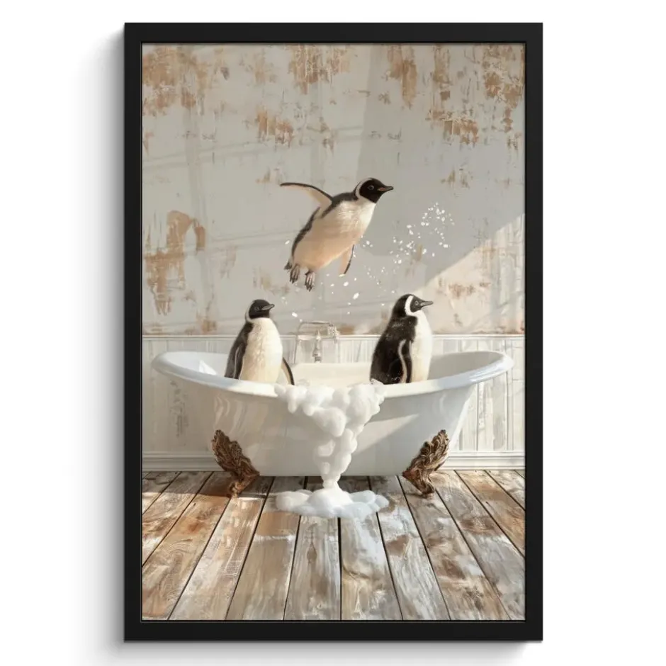 Poster met lijst 40x60 cm Vintage - Pinguïn - Badkuip - Schuim