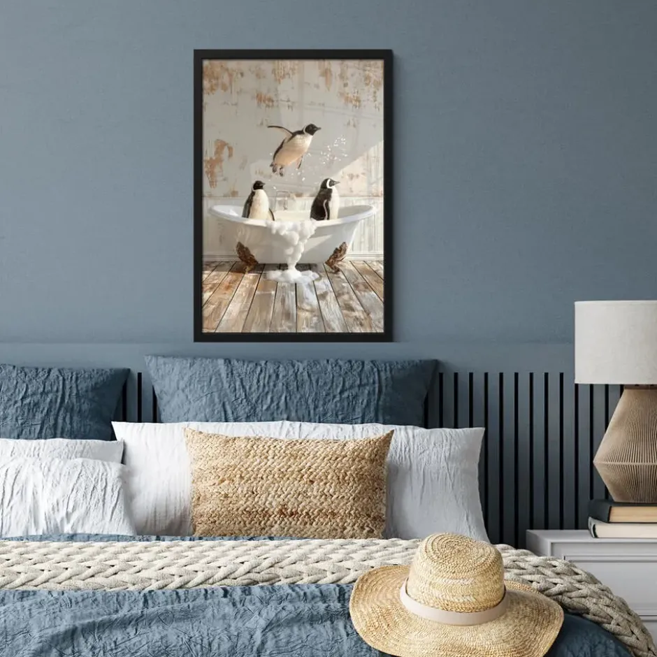 Poster met lijst 40x60 cm Vintage - Pinguïn - Badkuip - Schuim
