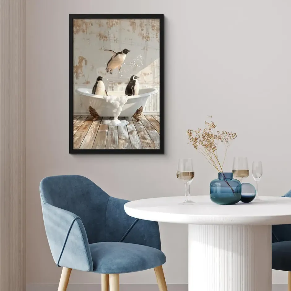 Poster met lijst 40x60 cm Vintage - Pinguïn - Badkuip - Schuim