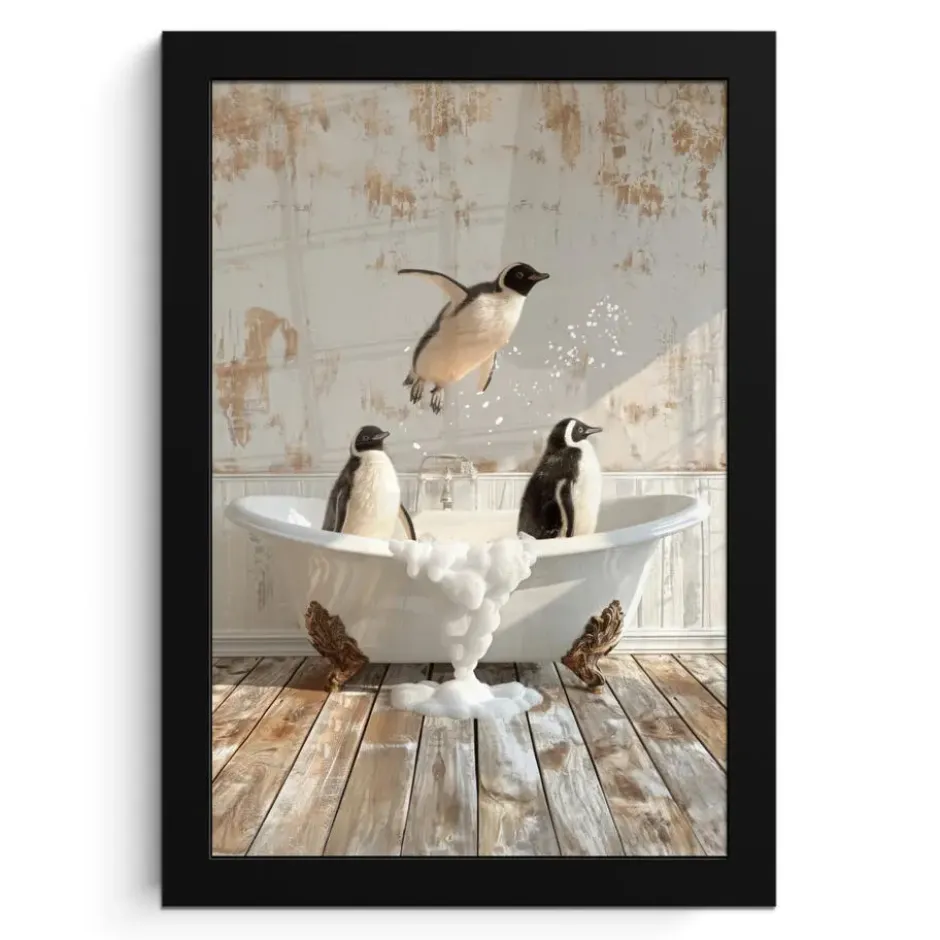 Poster met lijst 20x30 cm Vintage - Pinguïn - Badkuip - Schuim