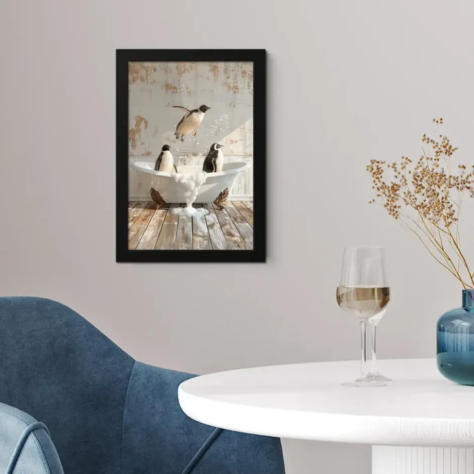 Poster met lijst 20x30 cm Vintage - Pinguïn - Badkuip - Schuim