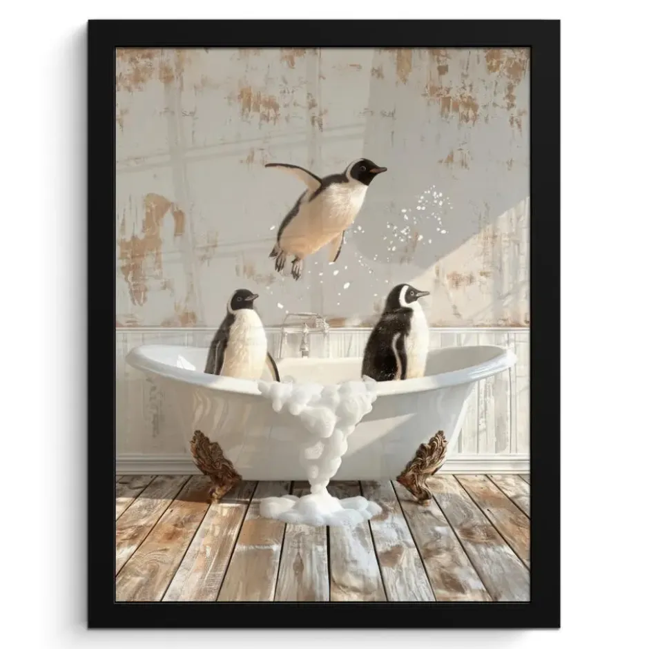 Poster met lijst 30x40 cm Vintage - Pinguïn - Badkuip - Schuim