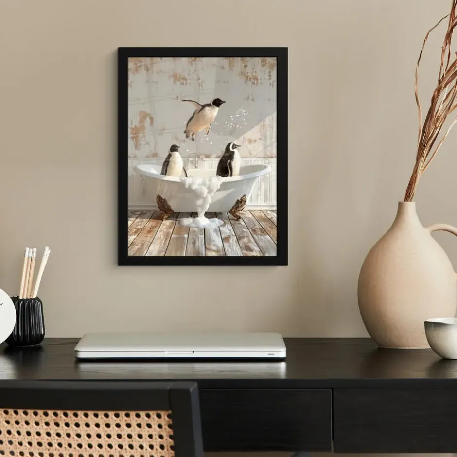 Poster met lijst 30x40 cm Vintage - Pinguïn - Badkuip - Schuim
