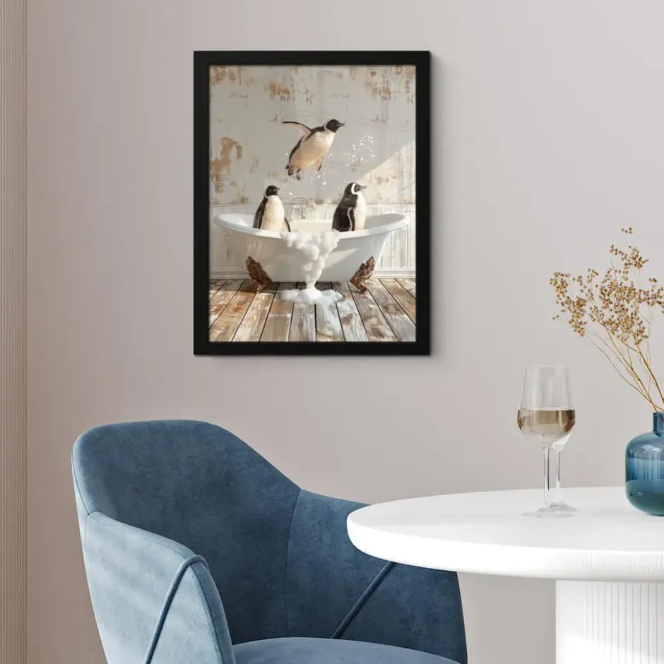 Poster met lijst 30x40 cm Vintage - Pinguïn - Badkuip - Schuim