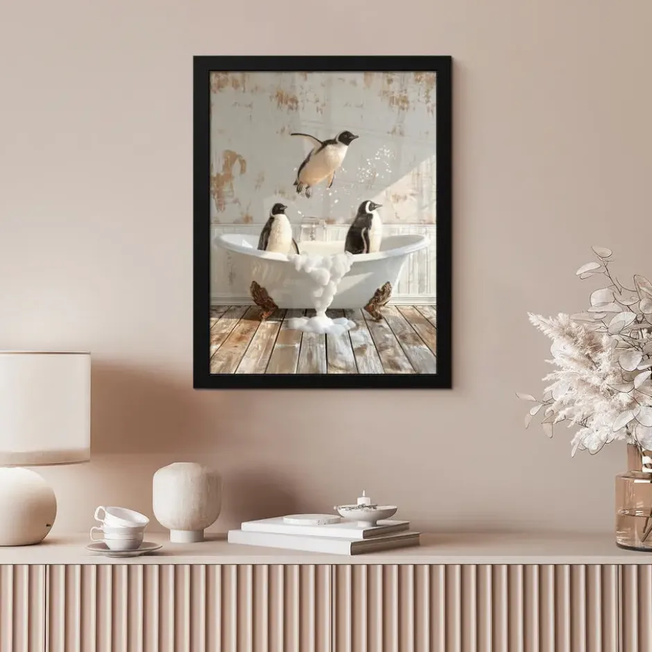 Poster met lijst 30x40 cm Vintage - Pinguïn - Badkuip - Schuim