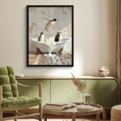 Poster met lijst 60x80 cm Vintage - Pinguïn - Badkuip - Schuim