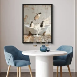 Poster met lijst 60x80 cm Vintage - Pinguïn - Badkuip - Schuim
