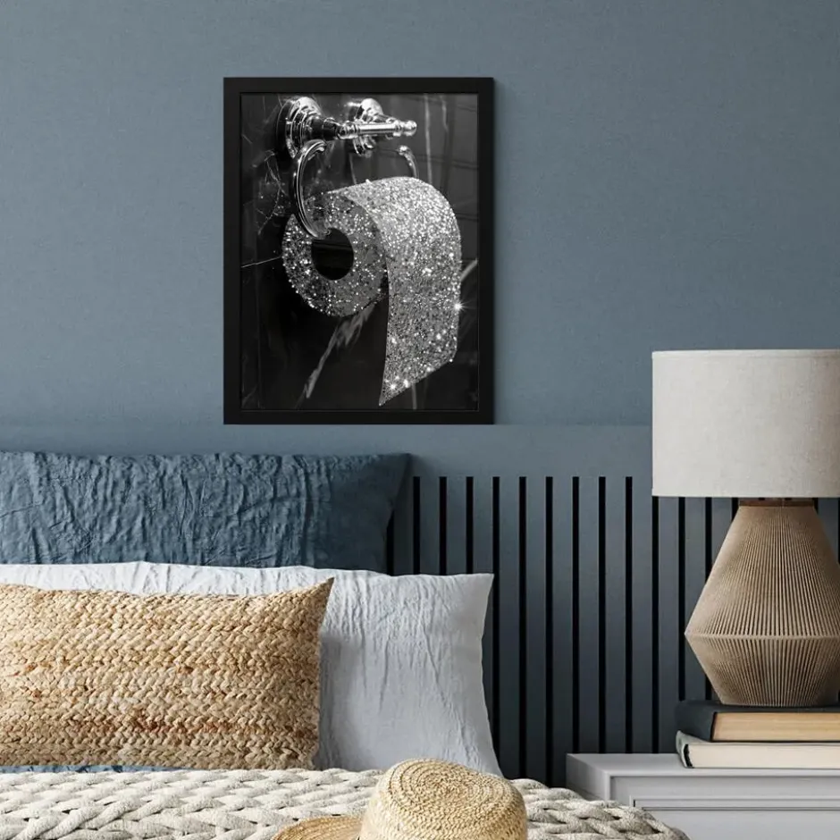 Poster met lijst 30x40 cm WC - Toilet papier - Zwart wit - Glitters