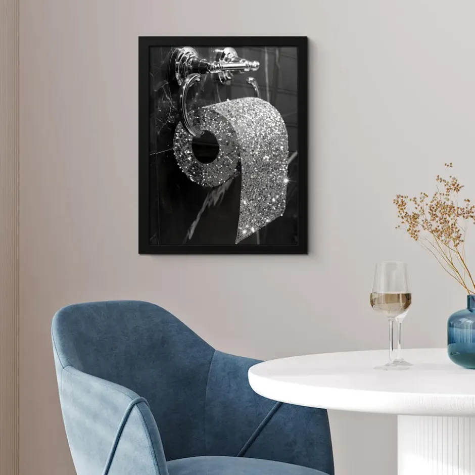 Poster met lijst 30x40 cm WC - Toilet papier - Zwart wit - Glitters