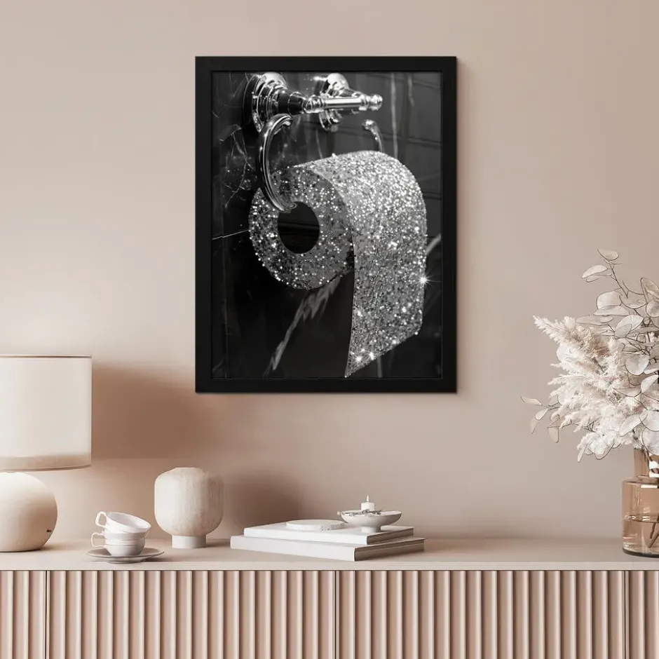Poster met lijst 30x40 cm WC - Toilet papier - Zwart wit - Glitters