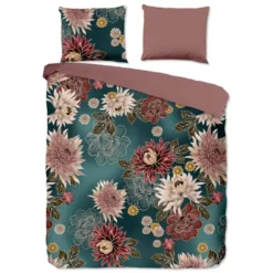 Pure dekbedovertrek bloemen - 1 persoons 140x200/220 cm - Petrol - Microvezel