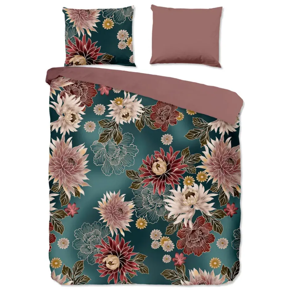 Pure dekbedovertrek bloemen - 2 persoons 200x200/220 cm - Petrol - Microvezel