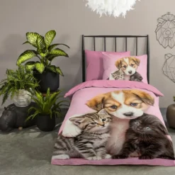 Pure dekbedovertrek hond en poes - 1 persoons 140x200/220 cm - Roze - Microvezel