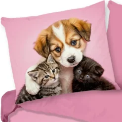 Pure dekbedovertrek hond en poes - 1 persoons 140x200/220 cm - Roze - Microvezel