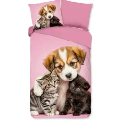Pure dekbedovertrek hond en poes - 1 persoons 140x200/220 cm - Roze - Microvezel