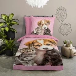 Pure dekbedovertrek hond en poes - 1 persoons 140x200/220 cm - Roze - Microvezel