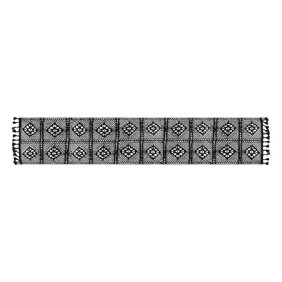 QUVIO Tafelloper gehaakt met fransjes - 300 x 24 cm - Katoen - Zwart