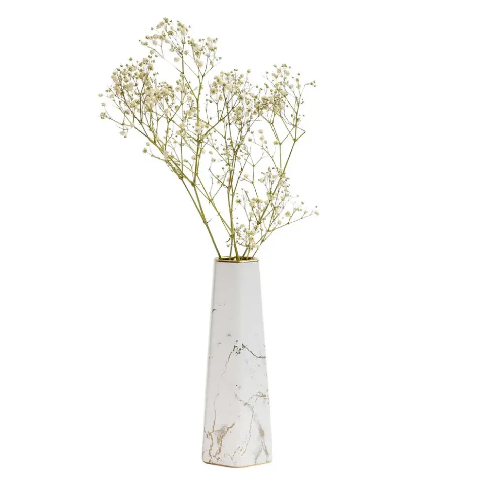 QUVIO Zeshoekige vaas, keramiek - Wit met goud marble look - S