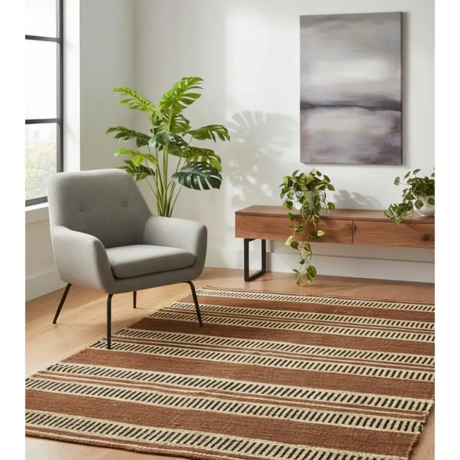 Rechthoekig katoenen tapijt met bruine en ecru motieven 120 x 180 cm