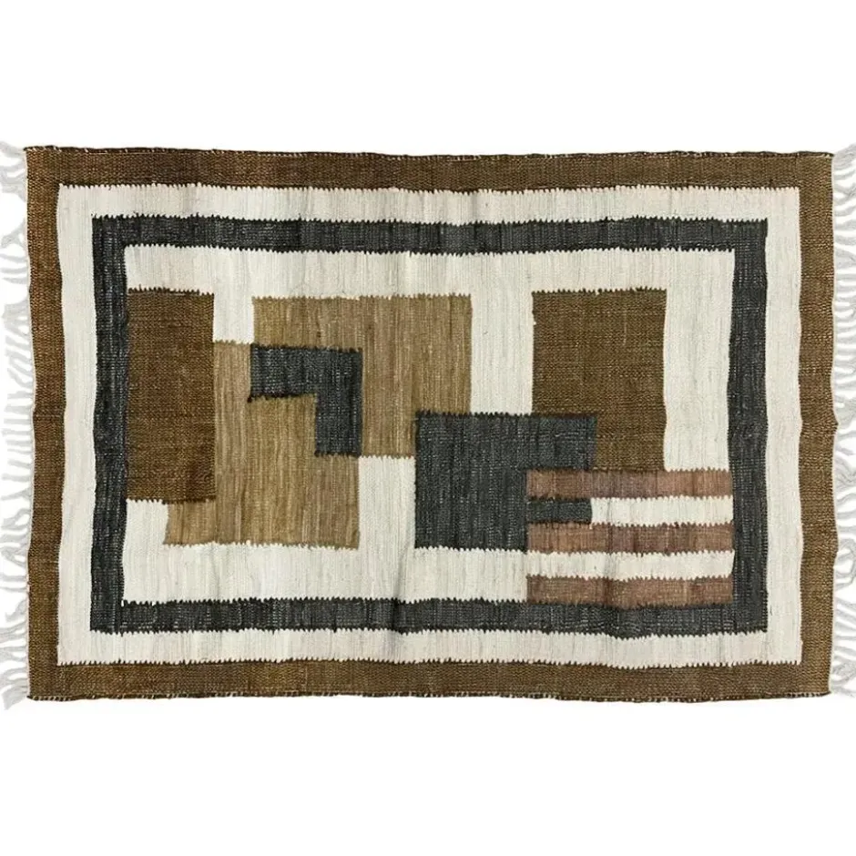 Rechthoekig katoenen tapijt met bruine en ecru motieven 120 x 180 cm