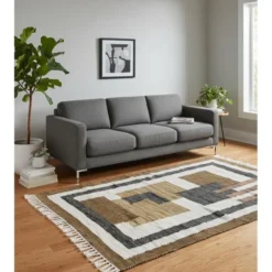 Rechthoekig katoenen tapijt met bruine en ecru motieven 120 x 180 cm