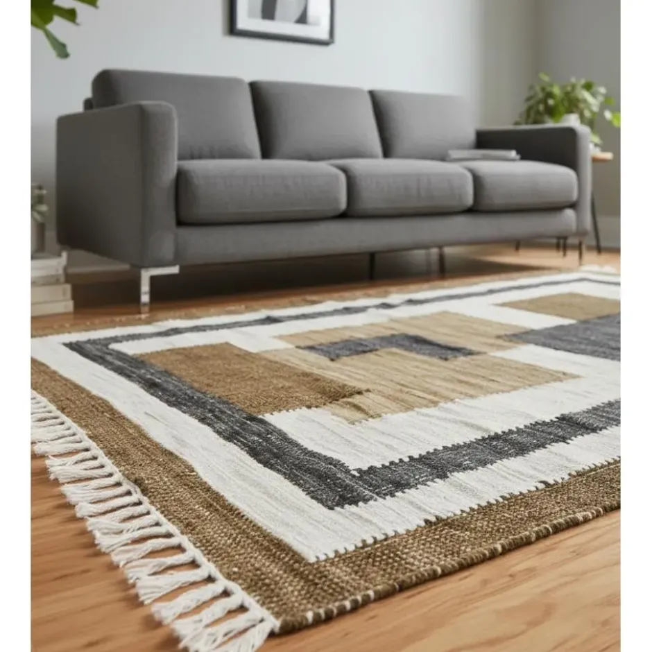 Rechthoekig katoenen tapijt met bruine en ecru motieven 120 x 180 cm